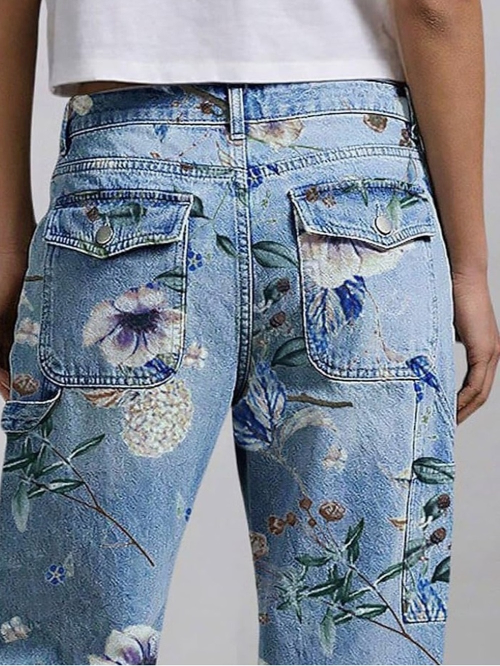 Flamingals Flap Pocket Floral High Waist Barrel Leg Carpenter Jeans - Picture 4 of 8